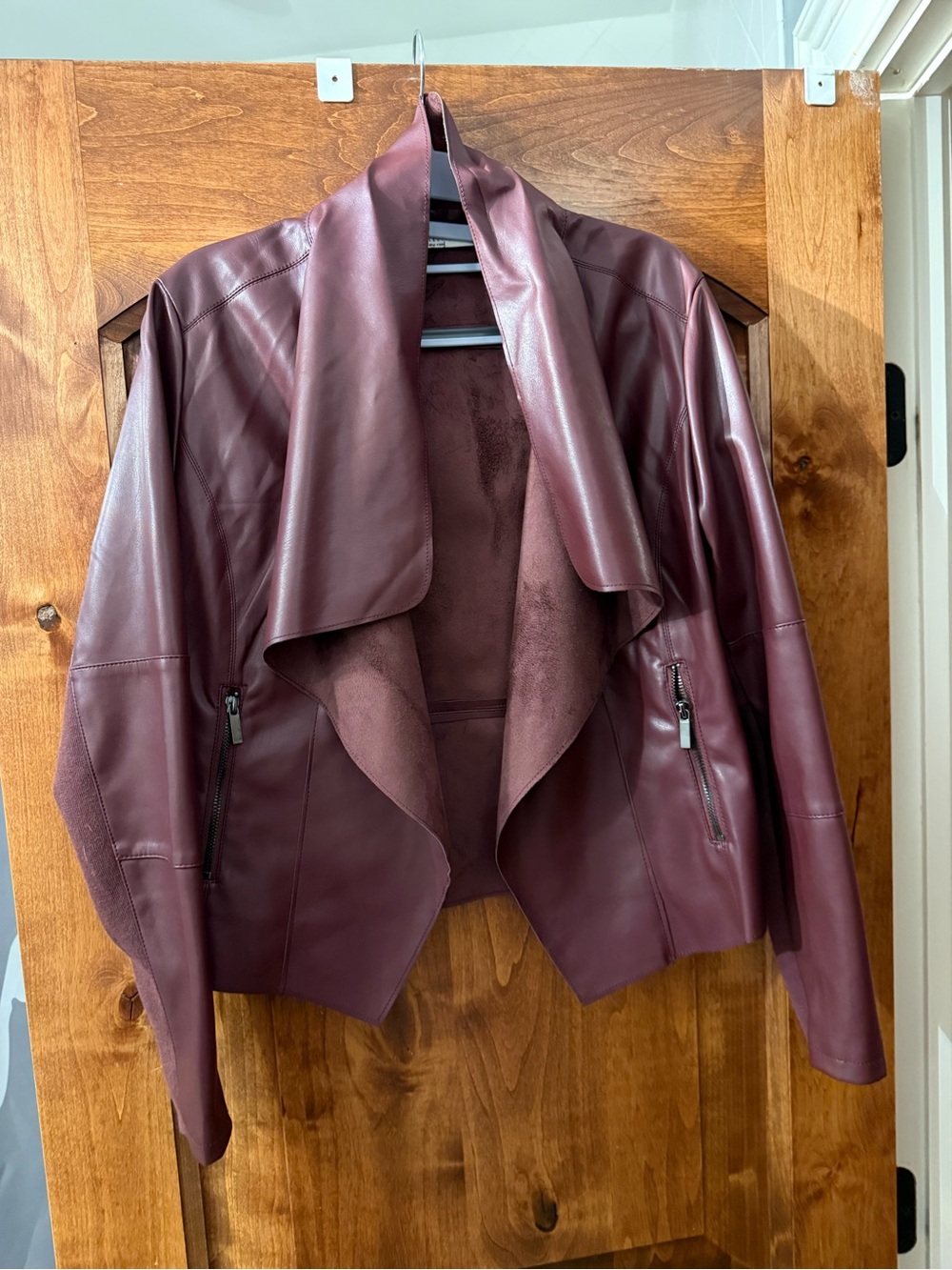 Women's Draped Faux Leather Jacket - Burgundy